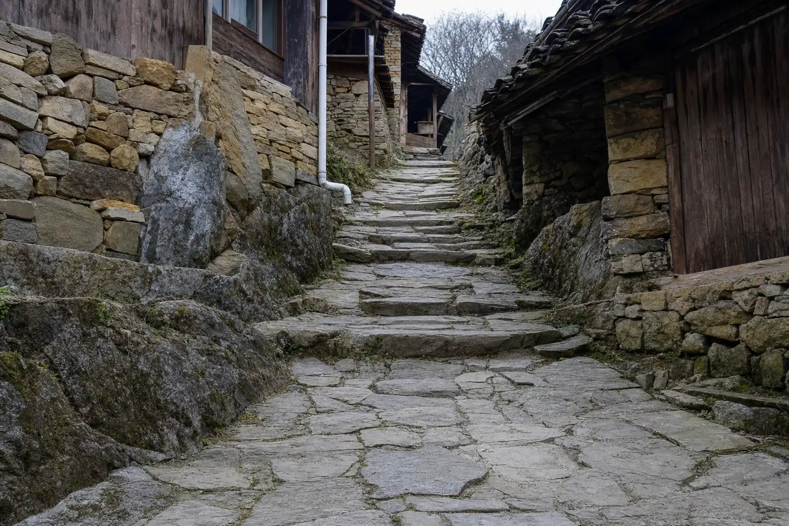 A stone lane climbing between village houses at the foot of Moganshan, with a shallow flight of steps where the slope steepens