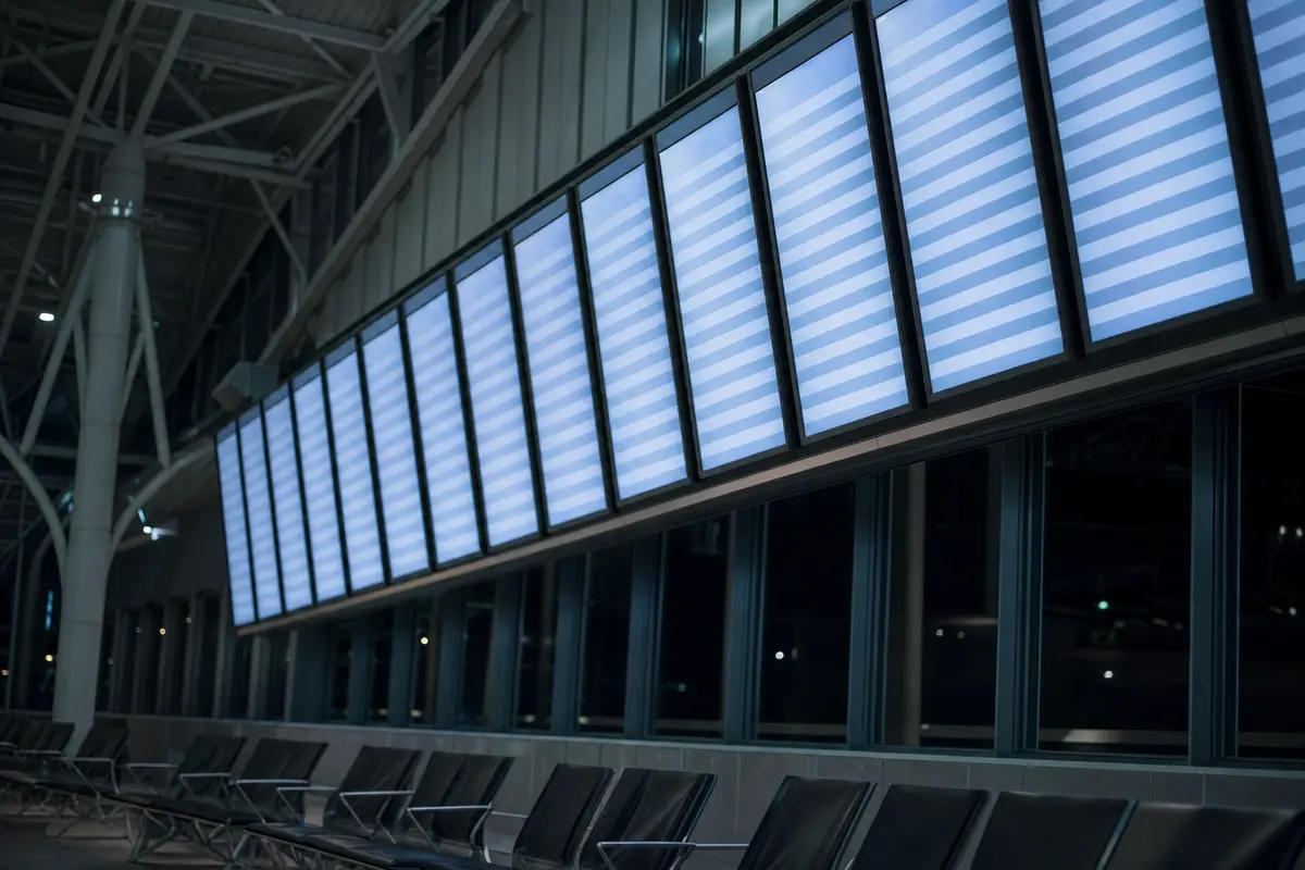A glowing but blank departures board above rows of empty seats in a night terminal