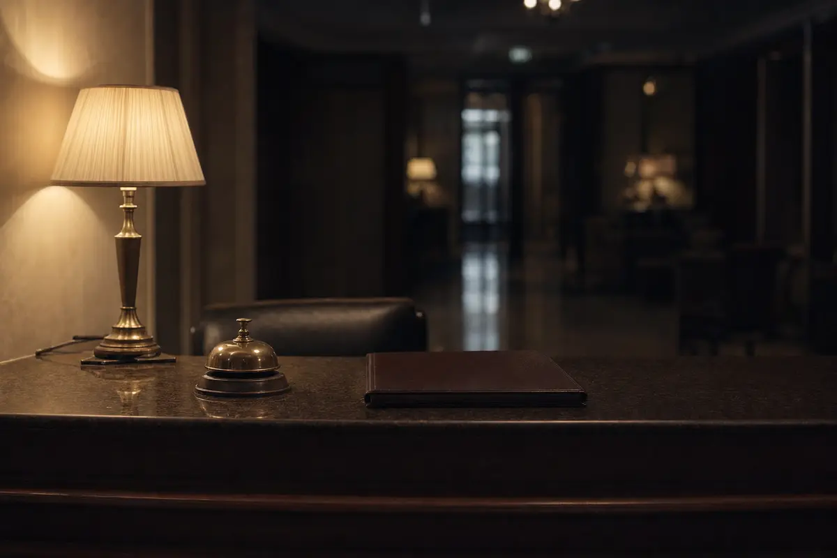 An unattended hotel reception desk with a bell and a closed ledger