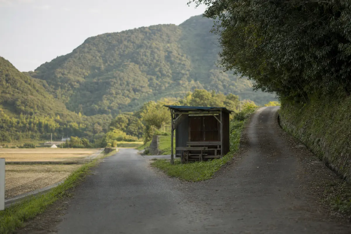 A rural junction at the foot of a green mountain with a shelter and a lane climbing away