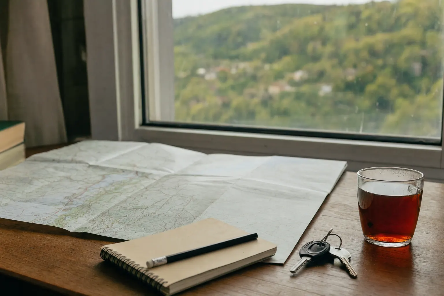 A folded paper map, a notebook, keys and a glass of tea on a table by a window onto green hills