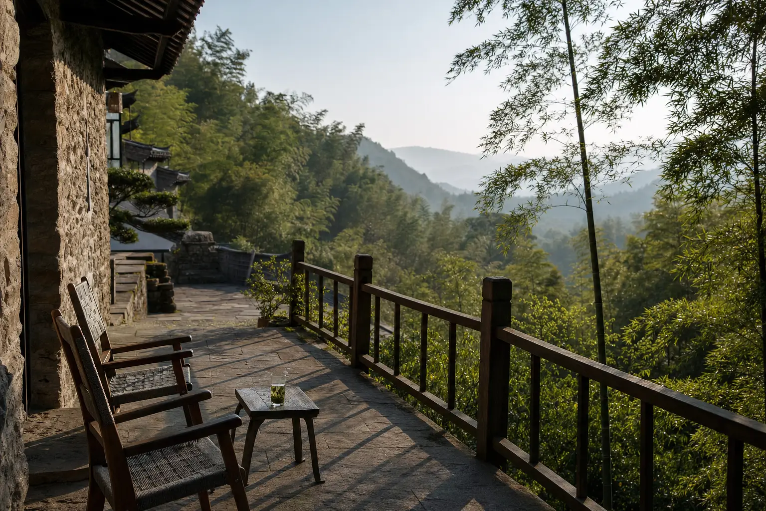 Two wooden chairs and a glass of tea on a stone terrace above a bamboo valley