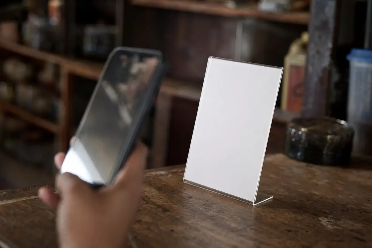 A small payment code stand on a village shop counter with a phone held towards it
