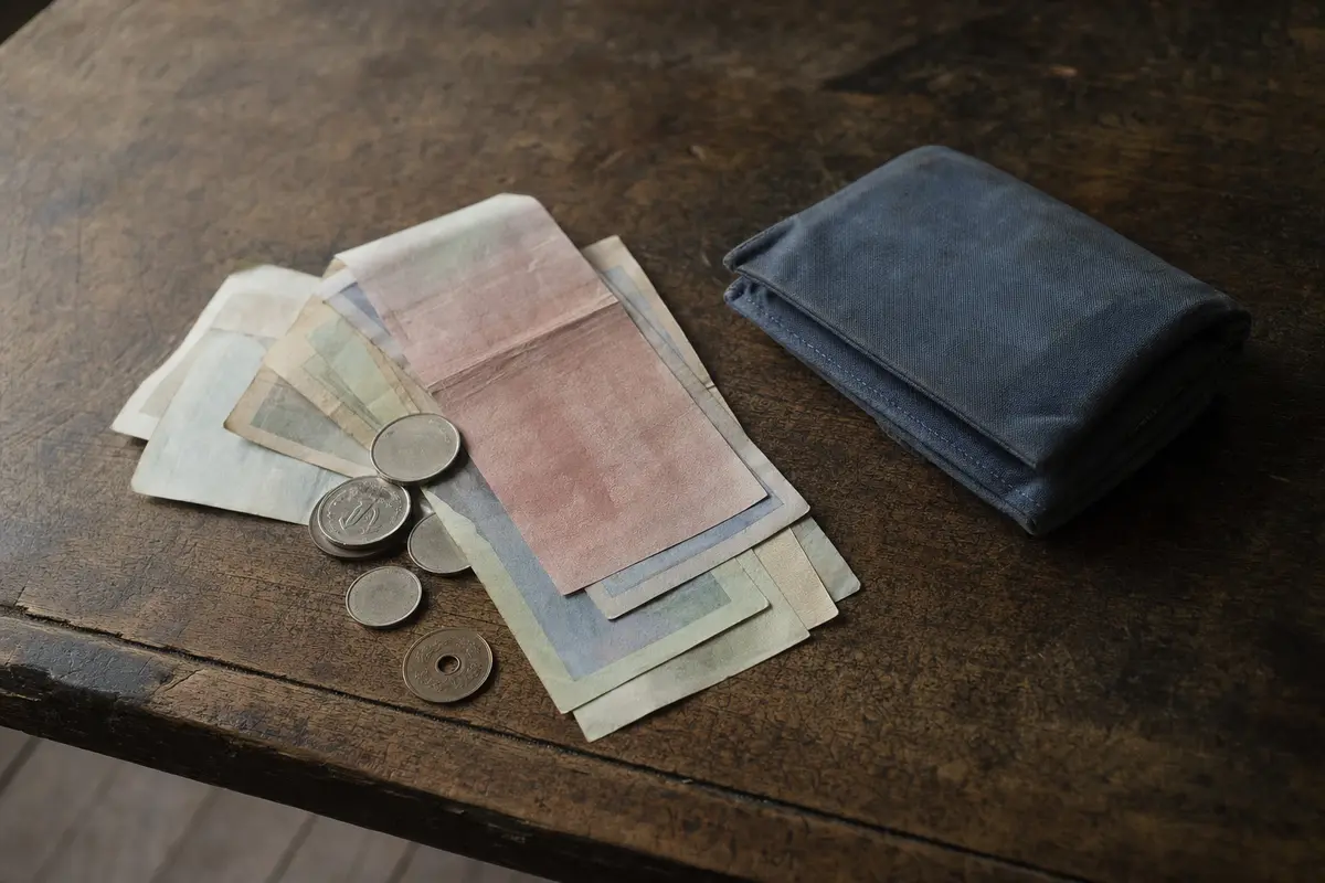 Banknotes and coins loose on a worn wooden table beside a cloth wallet