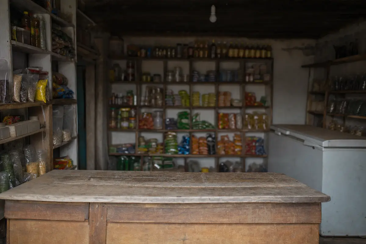 A tiny village grocery with shelves of unbranded packets and a worn wooden counter