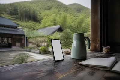 A phone showing a payment code propped on the wooden counter of a village guesthouse
