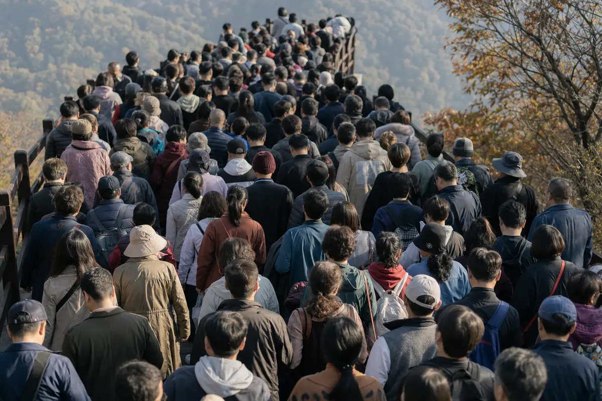 A dense crowd moving slowly along a mountain viewing platform