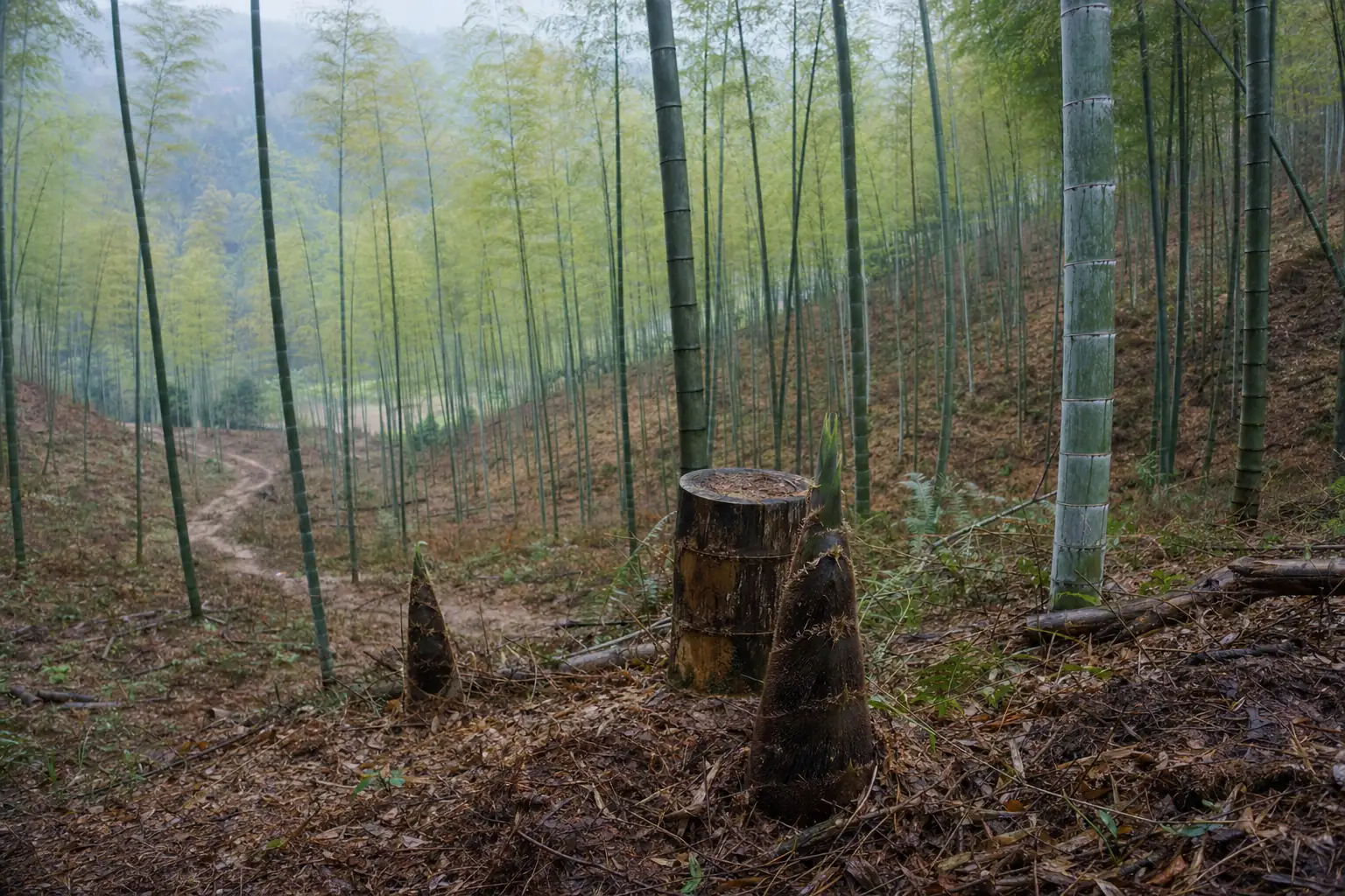 Bamboo shoots pushing up through leaf litter on a worked moso slope at Moganshan