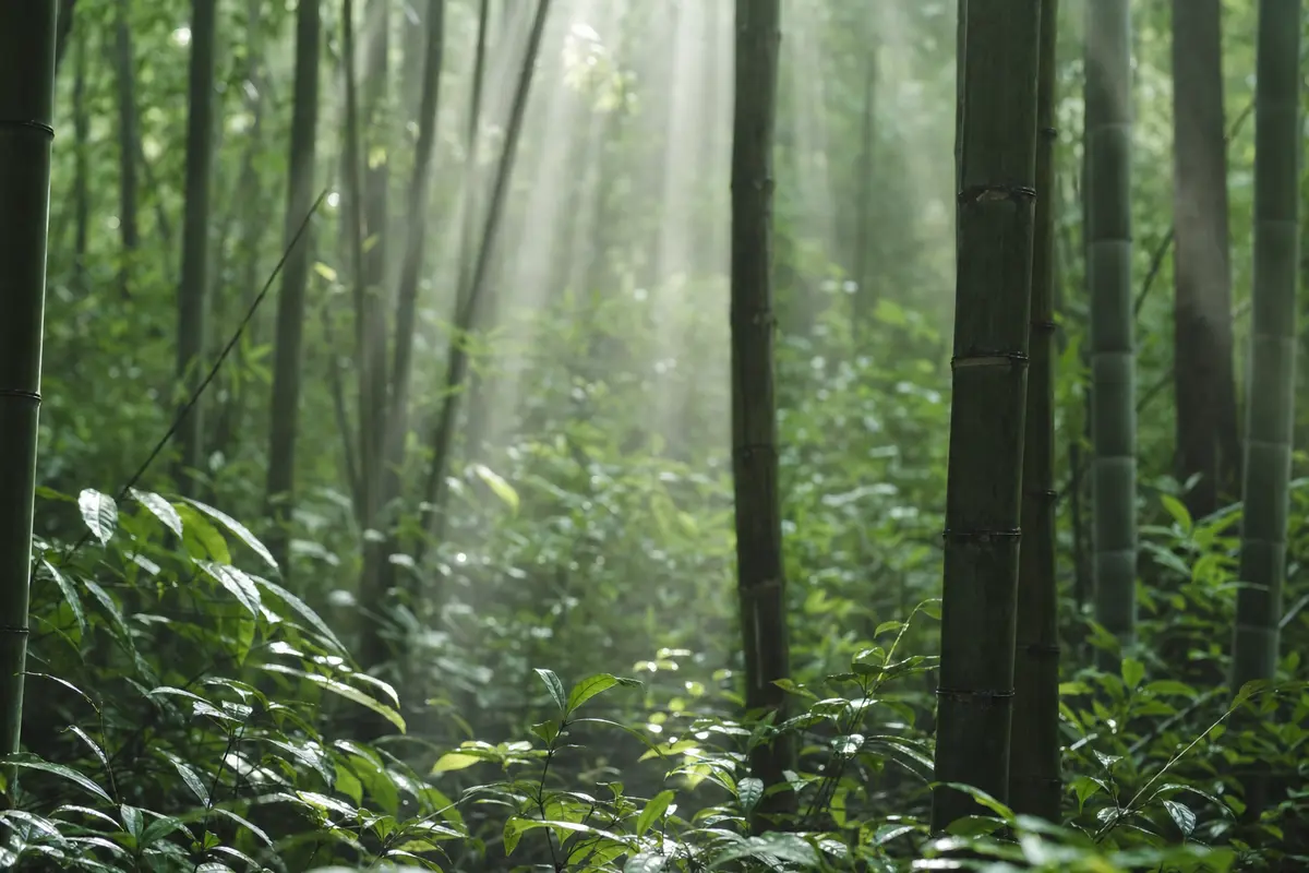 Solid shafts of July sunlight falling through a humid bamboo canopy