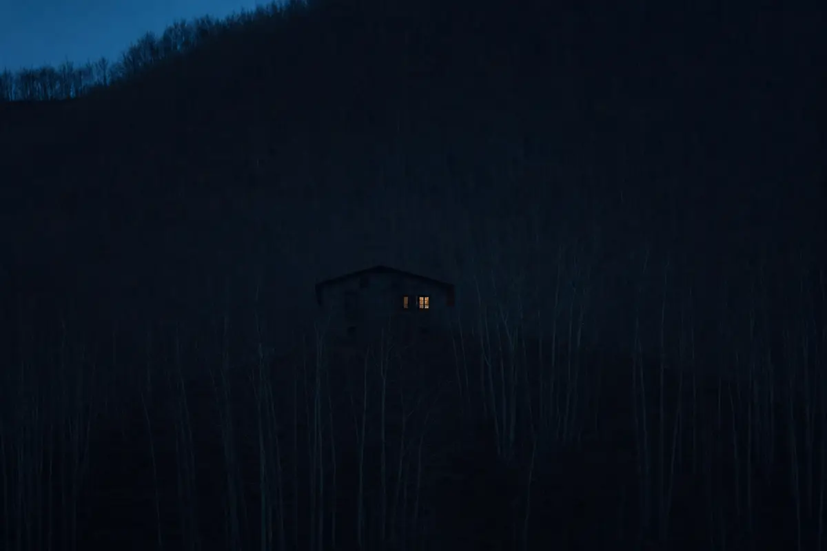 A single lit guesthouse window on a dark hillside early in a winter evening