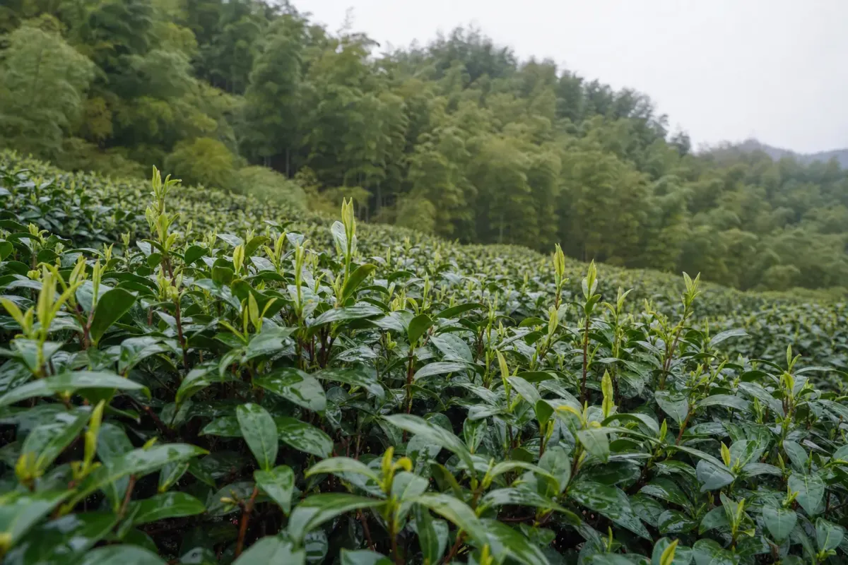 New growth showing pale on the top of tea rows on a Moganshan slope in early April