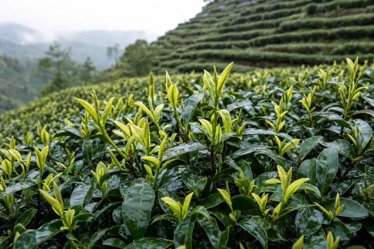 Rows of tea bushes on a terraced slope at Moganshan, with new buds showing pale against the darker mature leaf