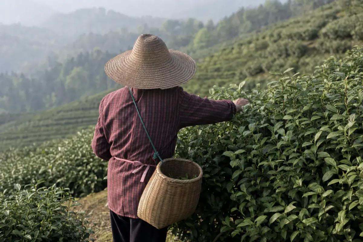 A picker working a row of tea at first light, basket at the hip, taking only the top buds