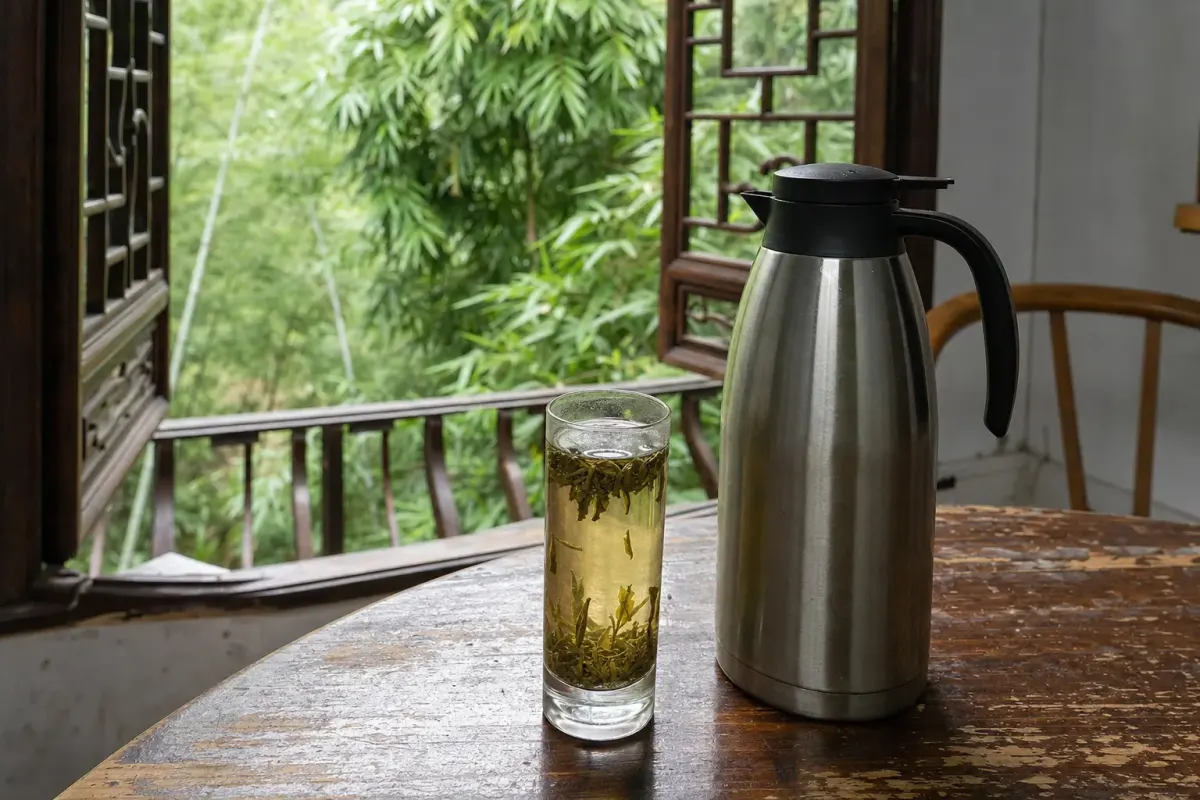 A glass of pale gold yellow tea on a guesthouse table at Moganshan, leaf still in the water