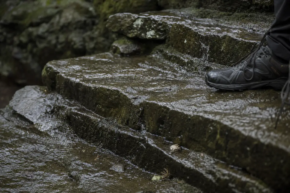 Wet mossy stone steps with water running across them and a walking shoe on the edge