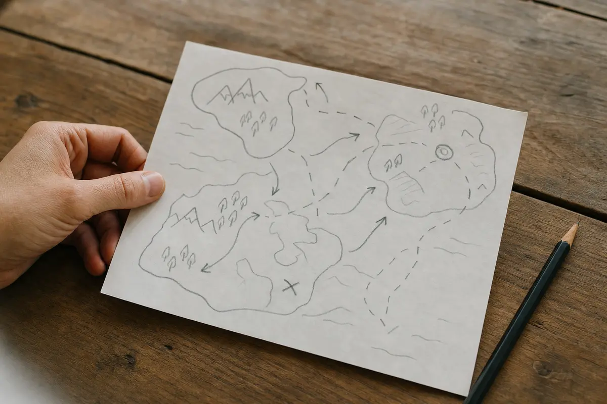 A hand drawn sketch map of lines and arrows on paper with a pencil alongside