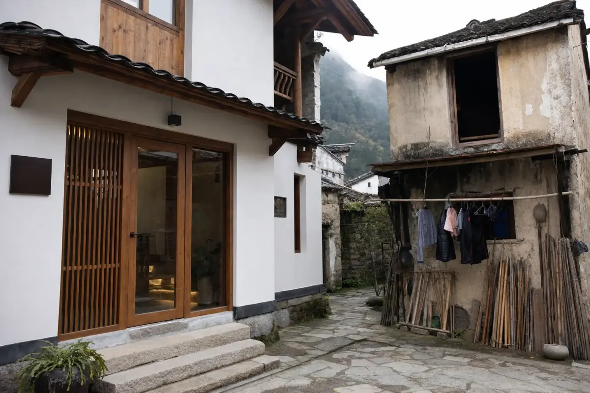 Guesthouse frontages in Yucun village at the foot of Moganshan, with converted houses standing between working village homes