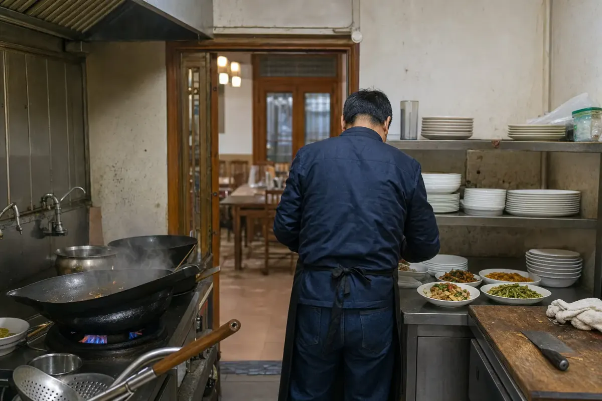 A village kitchen at Moganshan with dishes going out to a guesthouse dining room