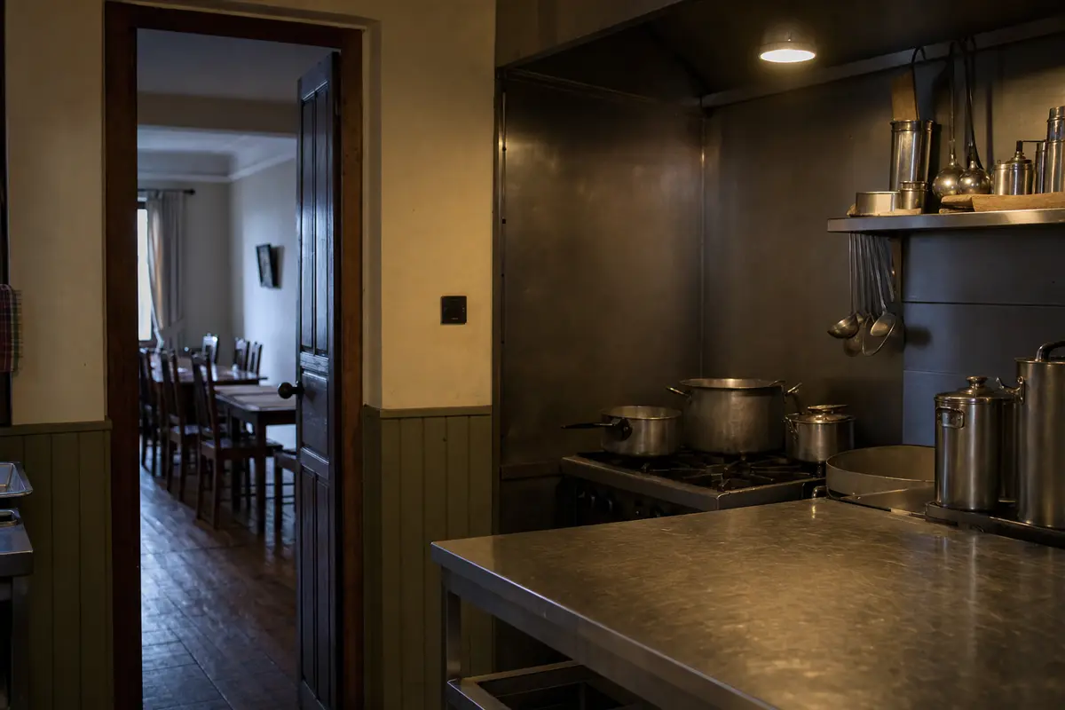 A guesthouse kitchen at the end of service with one light on and an empty dining room beyond