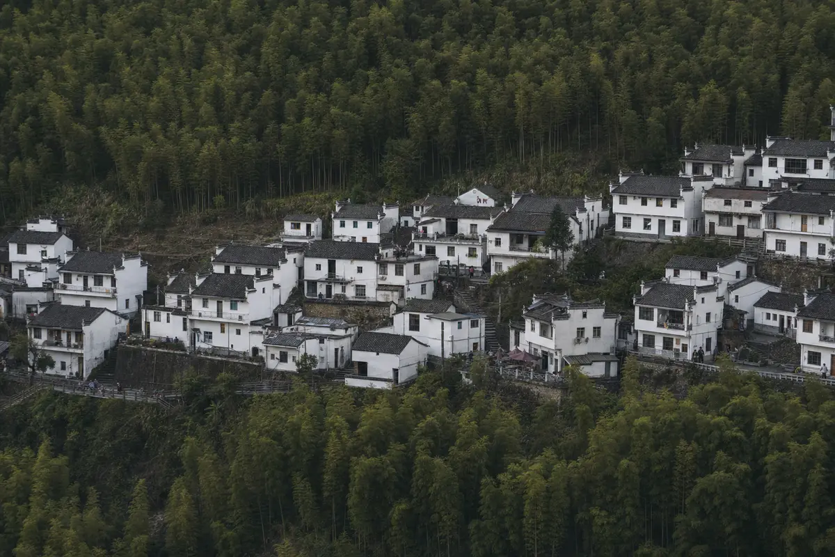 A dense village of small guesthouses packed tightly along a mountain contour