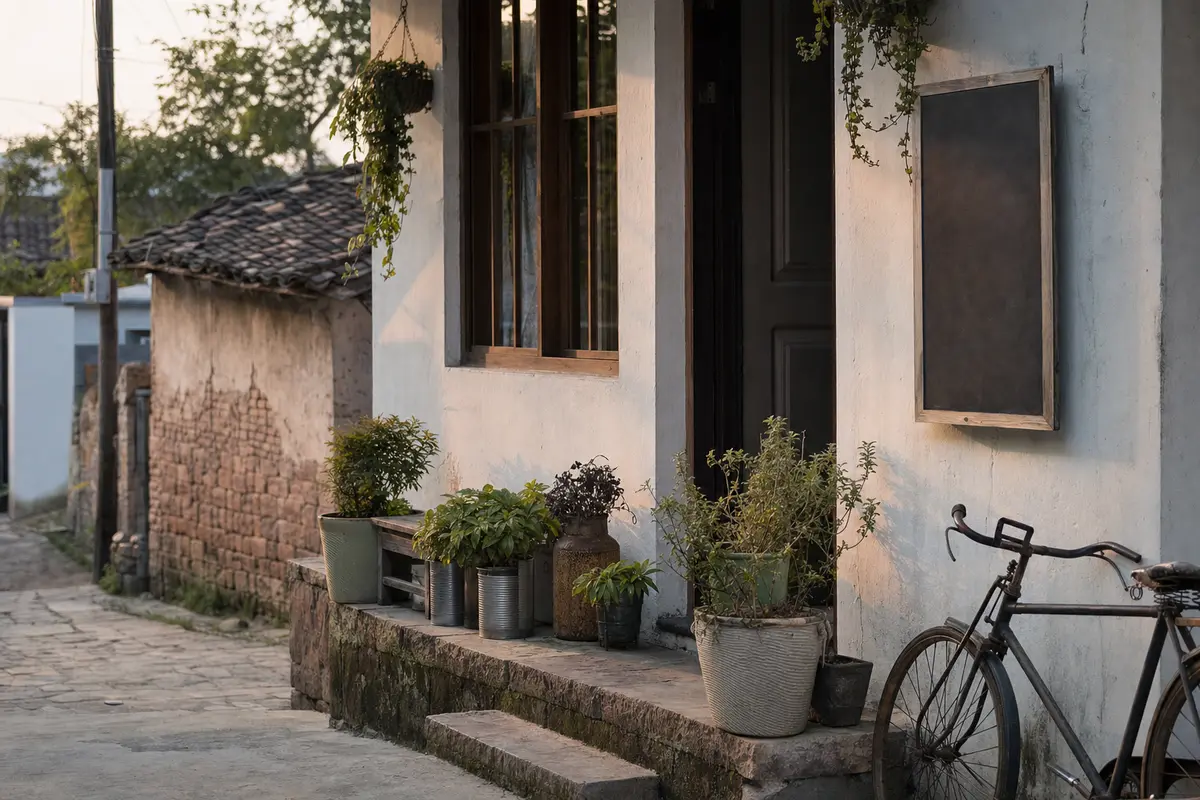 A small family run guesthouse frontage with plants in tins and a bicycle against the wall