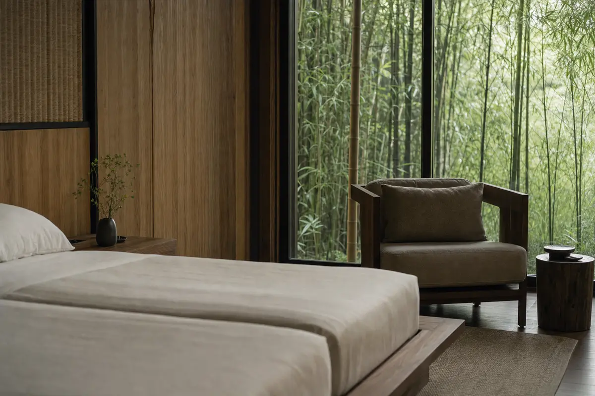 A resort room with timber walls and a full height window filled with green bamboo