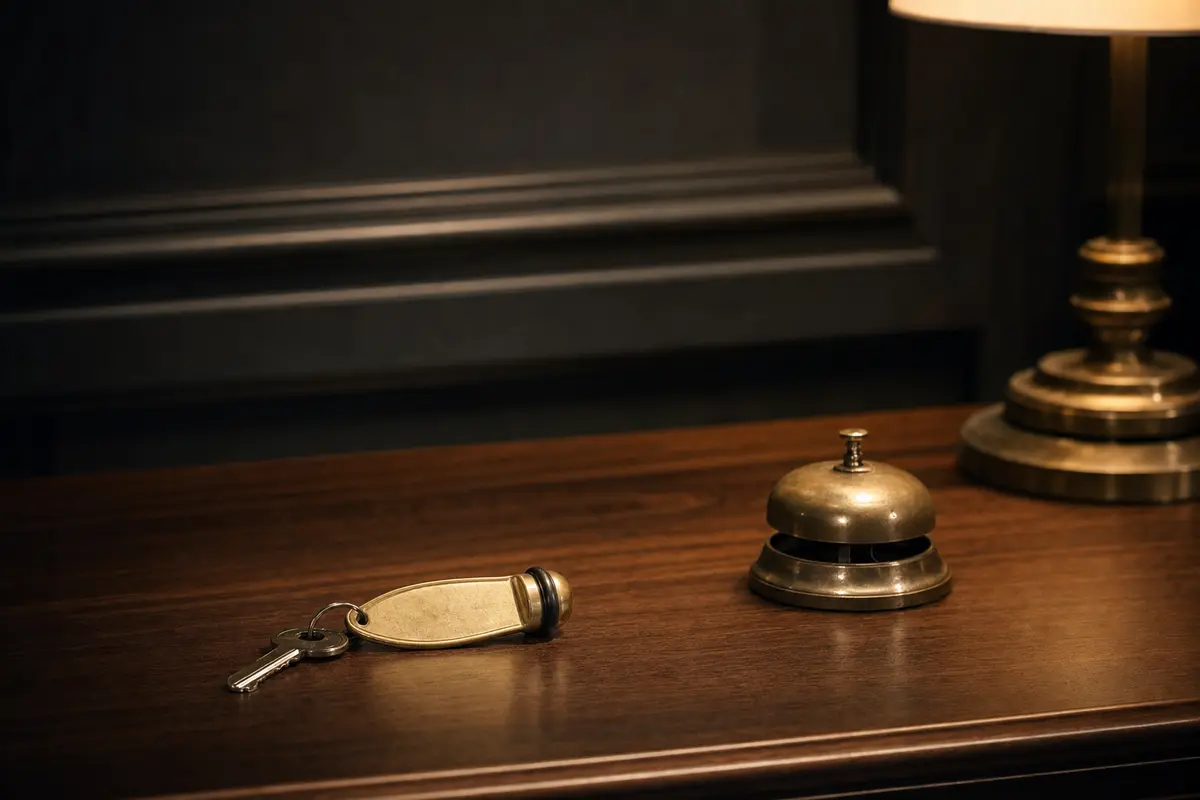 A hotel key and a small brass bell on a wooden counter in warm lamp light