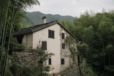 A rendered and stone country house with dark shutters standing among bamboo on a hillside