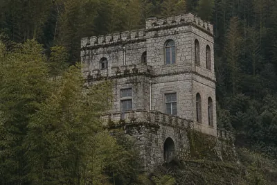 A granite villa with a castellated parapet and arched windows, set into a bamboo slope