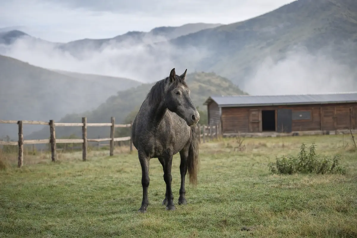 A horse in a fenced paddock on a misty mountain plateau with a timber stable behind