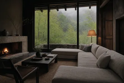 A quiet lounge with a lit fire, a linen sofa and a full-height window onto misted bamboo