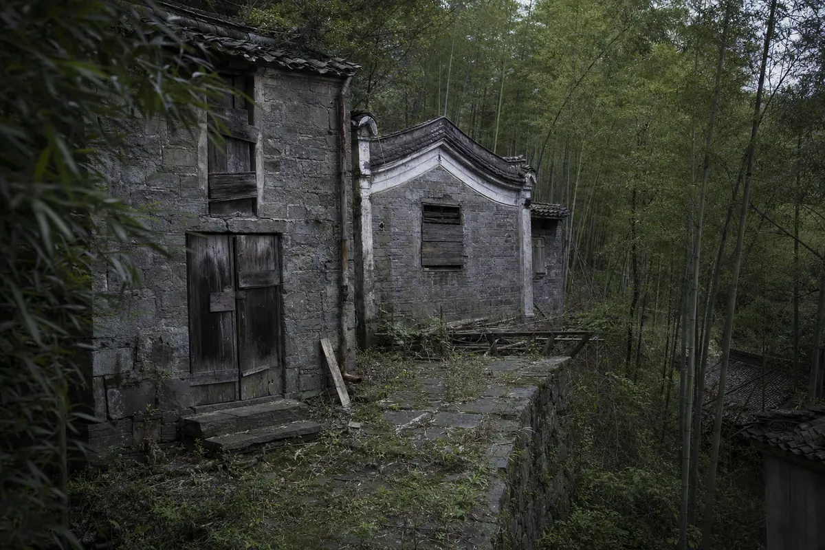 A boarded up historic stone house with weeds through the terrace paving