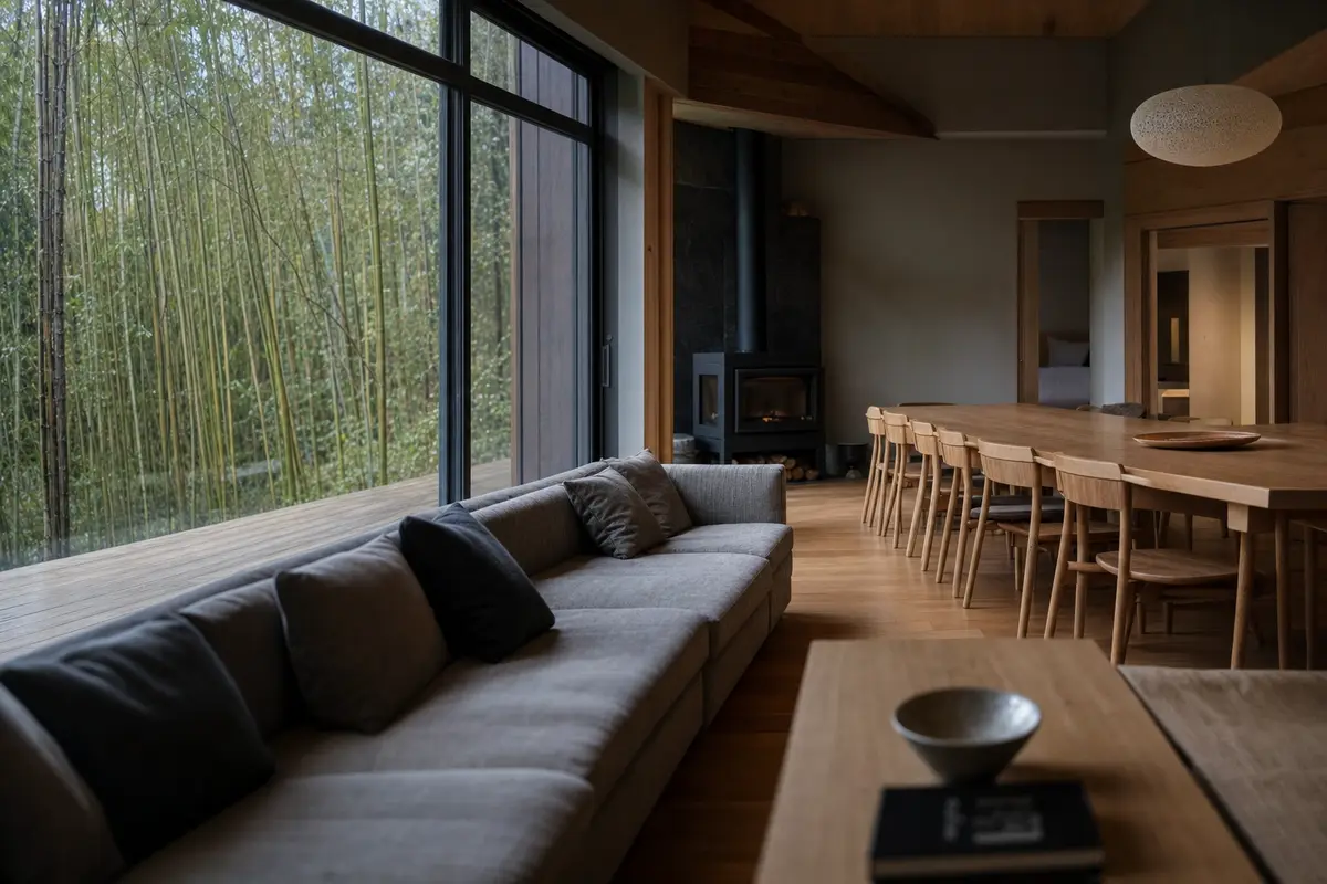 The living room of a whole house rental with a long table, a wood stove and glazing onto bamboo