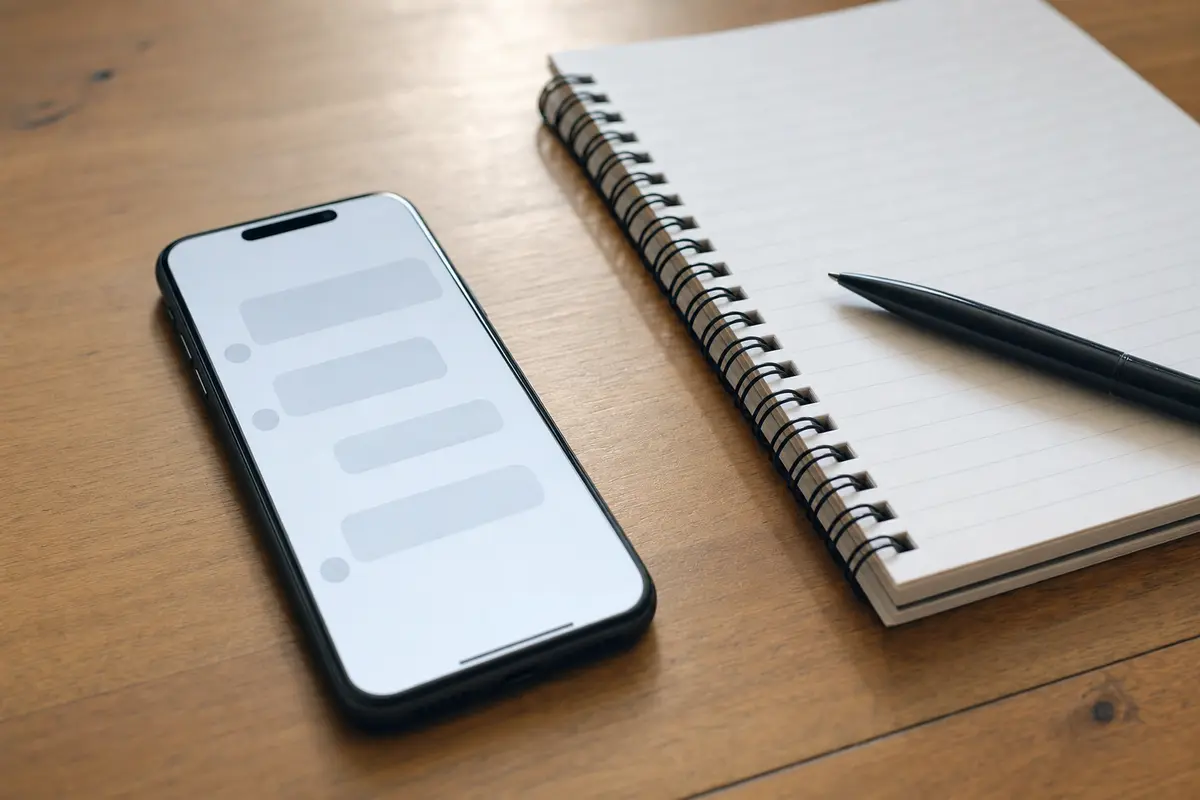 A smartphone showing a blank messaging screen beside a notepad on a wooden table